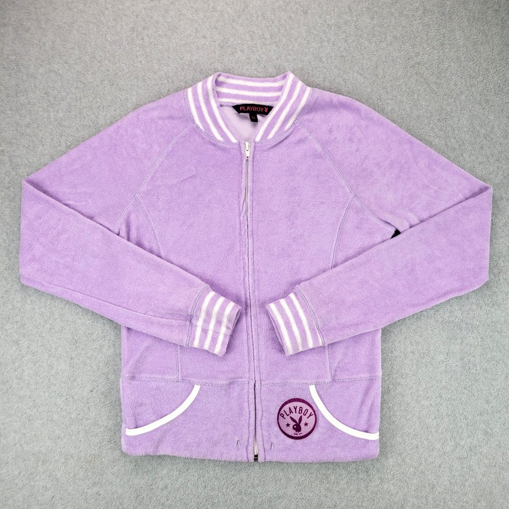 Playboy Track Jacket Womens XL Purple Vintage Terry Cloth Zip  Bunny Logo 70s